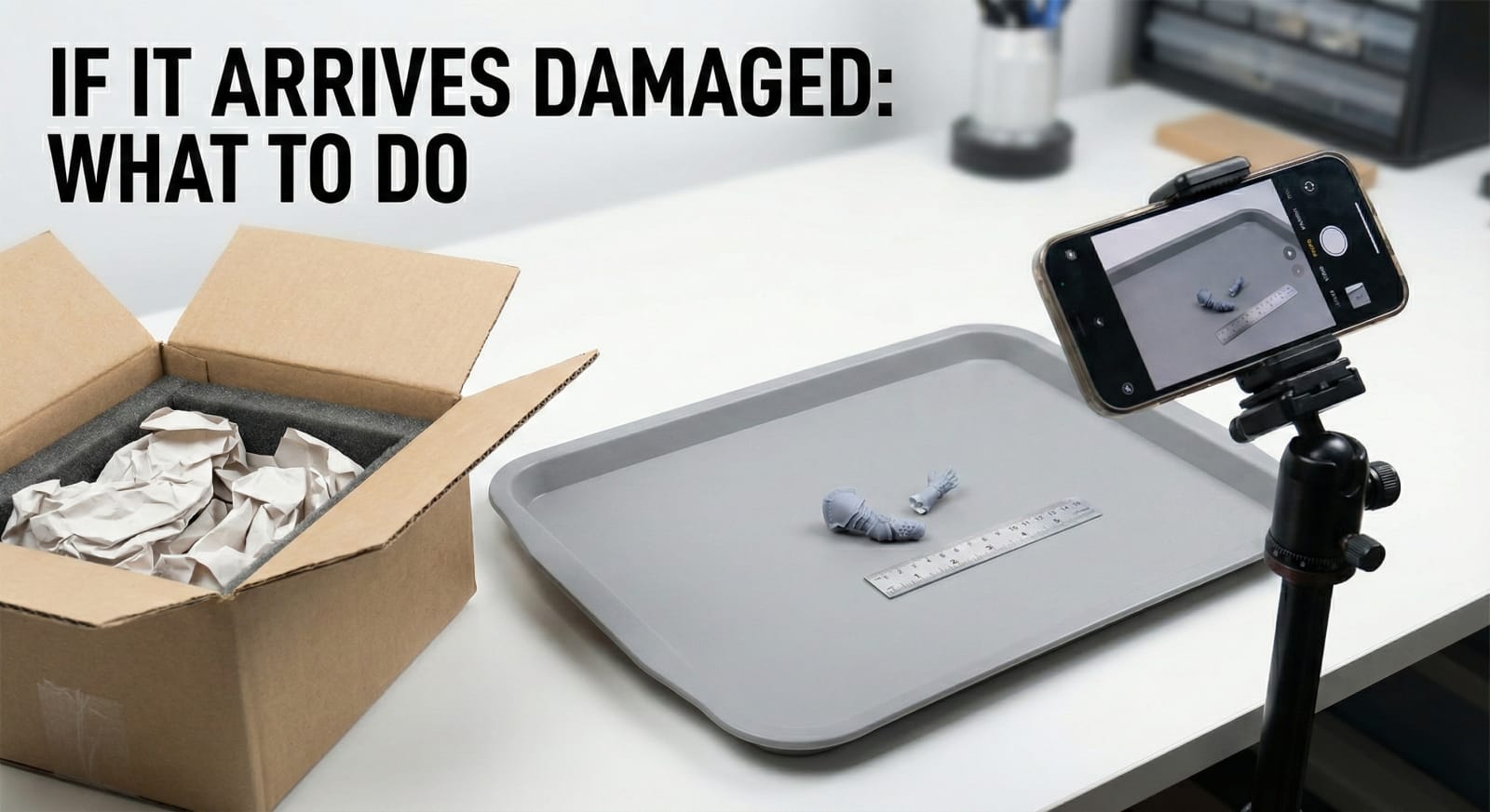 Opened shipping box with protective packaging and a small part staged for documentation