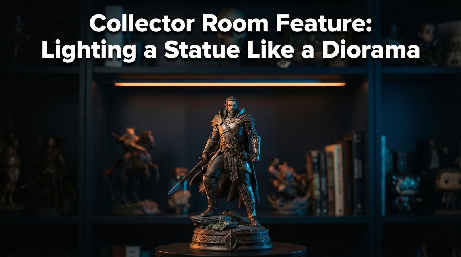 Moody collector shelf with a statue lit by warm key light and cool rim light