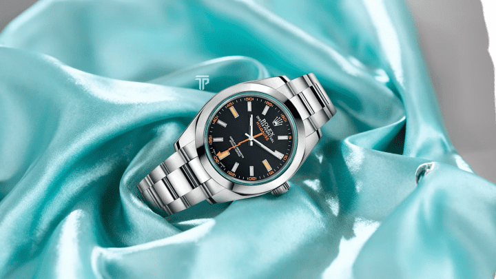 Rolex Milgauss stainless steel with distinctive dial on soft blue fabric