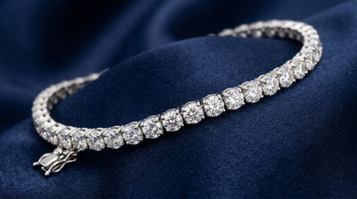 Diamond bracelet on a dark surface assessed for link alignment and security