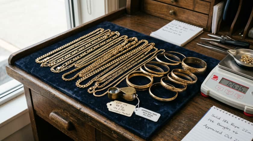 Fine gold chains and bangles spread out for valuation on a jeweler pad