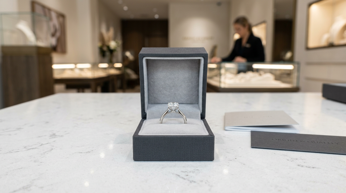 Diamond ring presentation for origin disclosure and laboratory-grown versus natural discussion