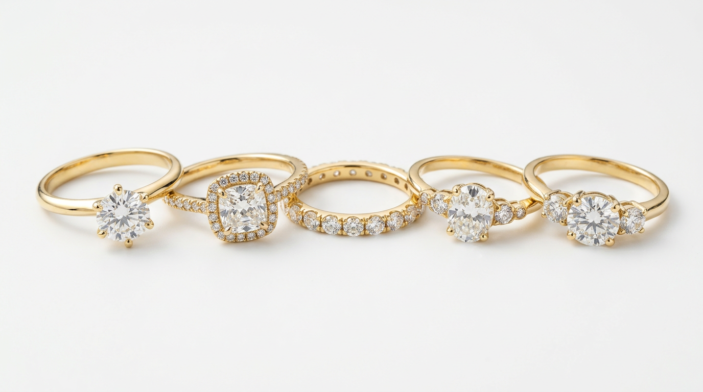 Multiple rings and gold jewelry sorted for estate intake, inventory, and offers