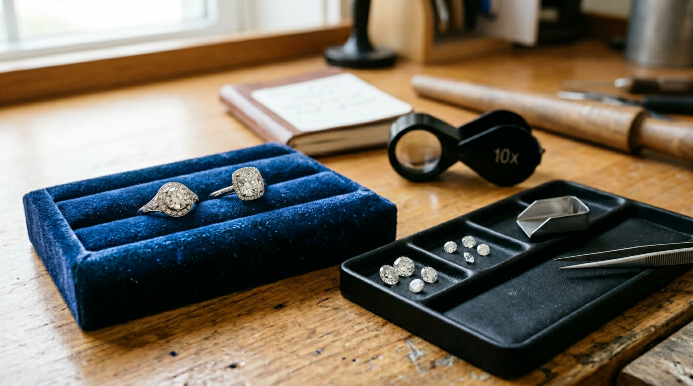 Diamond rings and loose stones staged for consignment intake, pricing, and resale presentation