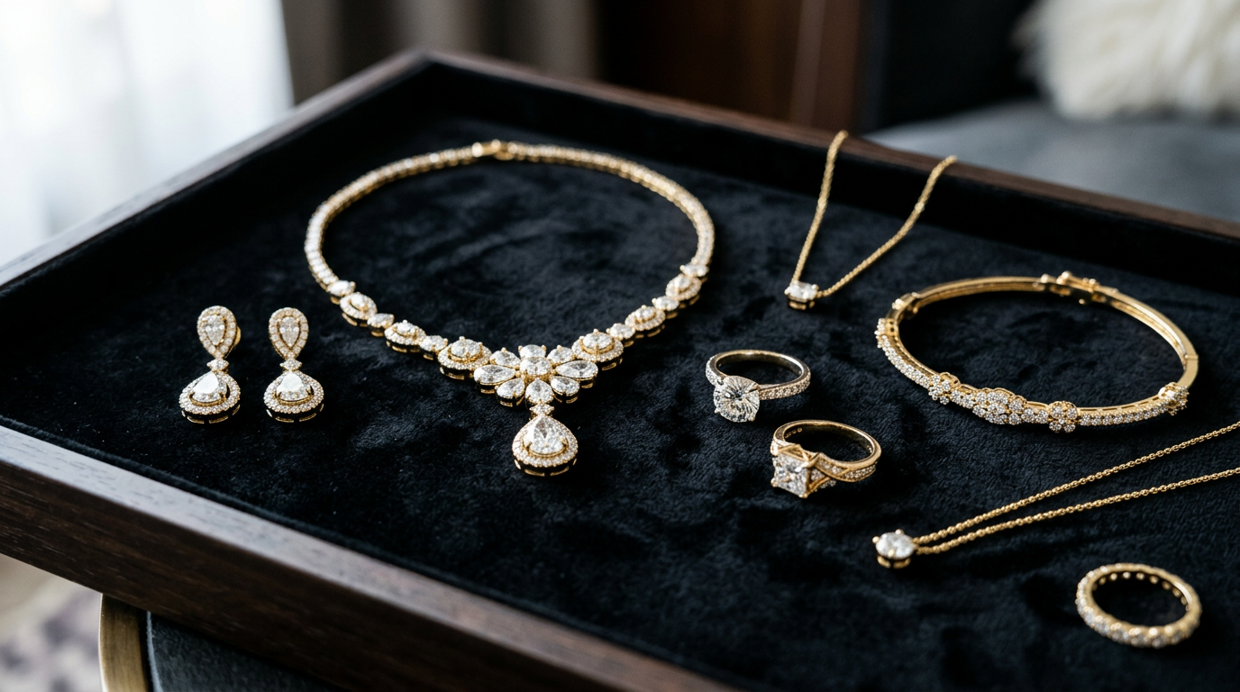 Gold and diamond jewelry staged for certified written appraisal and documentation
