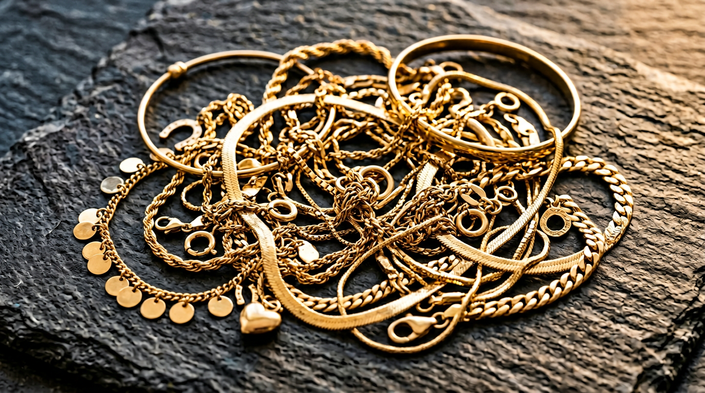 Gold chains and bracelets arranged for weight verification and design uplift review