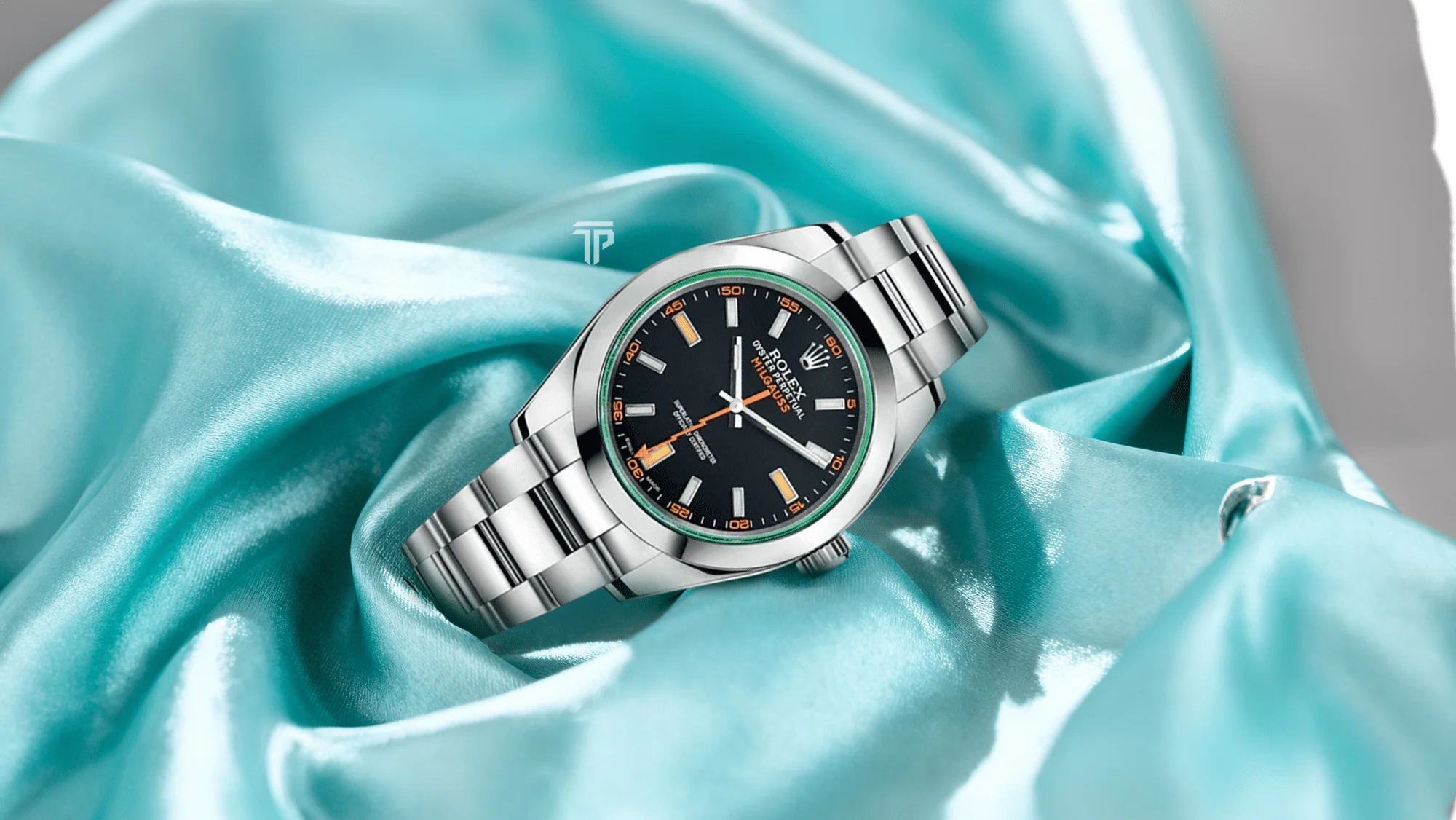 Rolex Milgauss stainless steel with distinctive dial on soft blue fabric