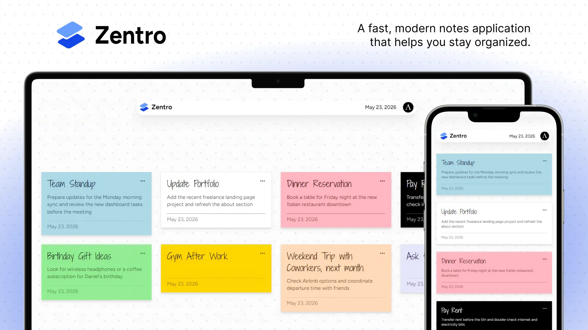 Zentro banner with laptop and mobile app views