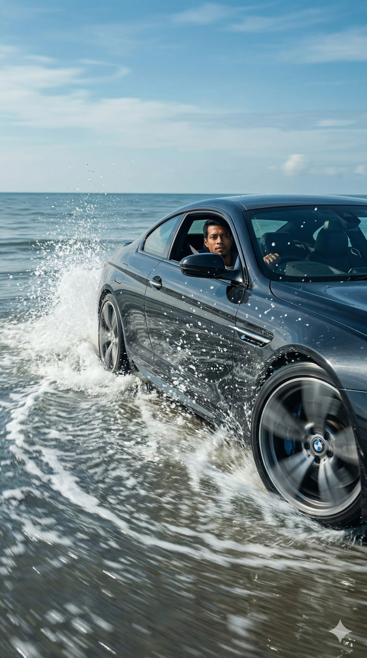 A sleek dark luxury sports car speeds across a shallow ocean shoreline