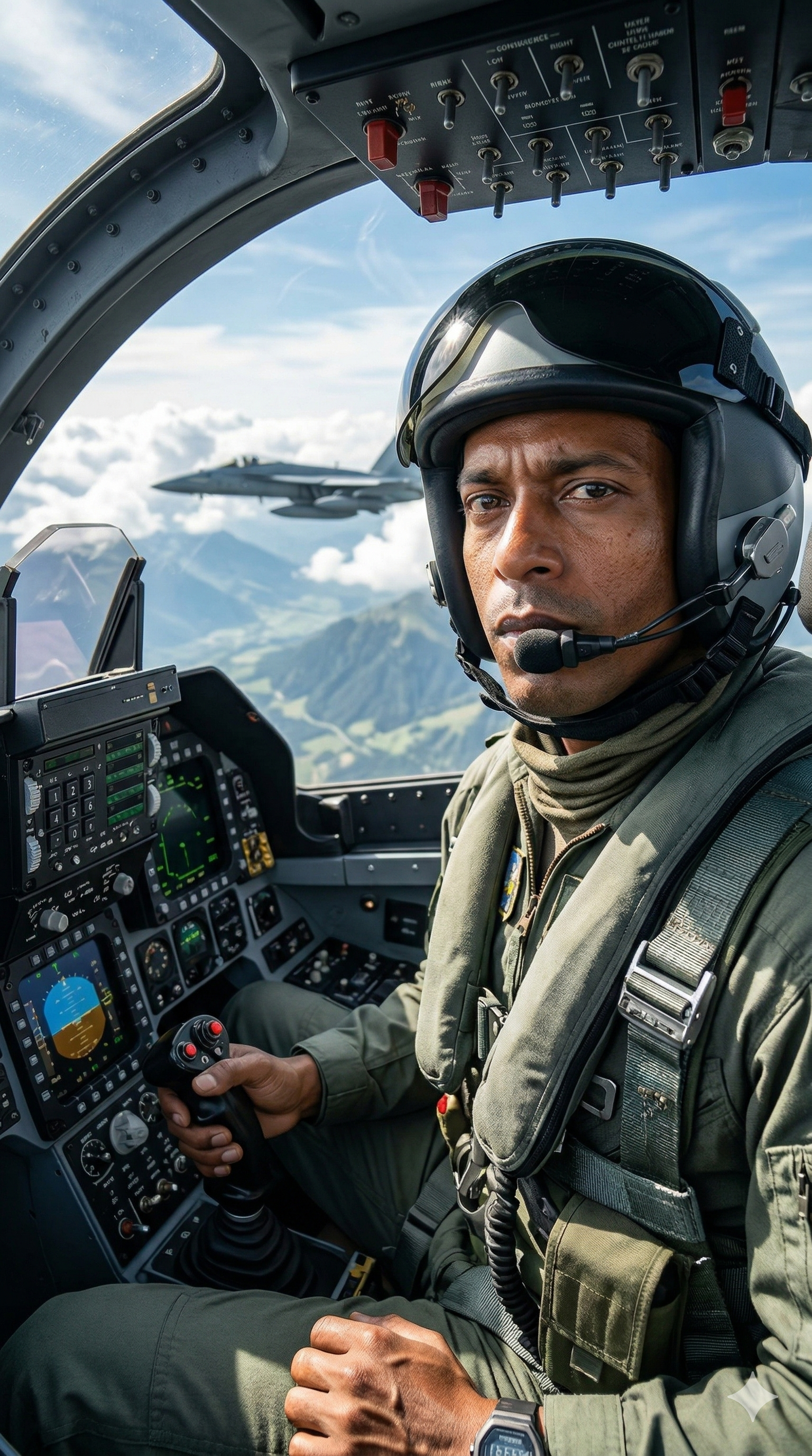 A man is flying a fighiting jet