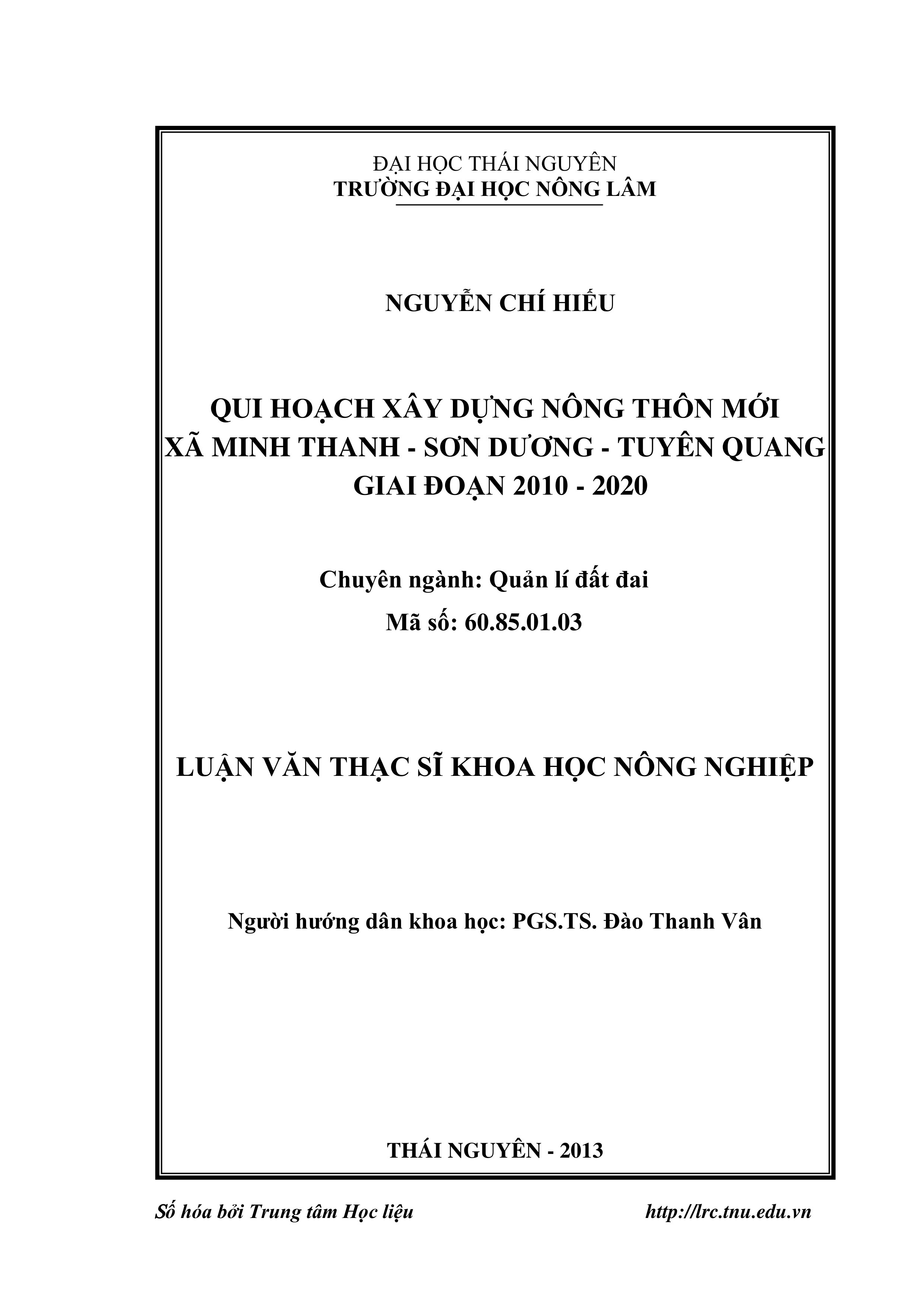 Quy hoạch xây dựng nông thôn mới xã Minh Thanh-Sơn Dương-Tuyên Quang giai đoạn 2010-2020