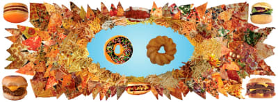 Image of large banner installed in outdoor architectural pavilion.