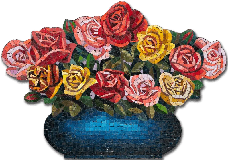 A coloured marble mosaic of a bouquet of red and yellow roses sitting in a shallow blue vase.