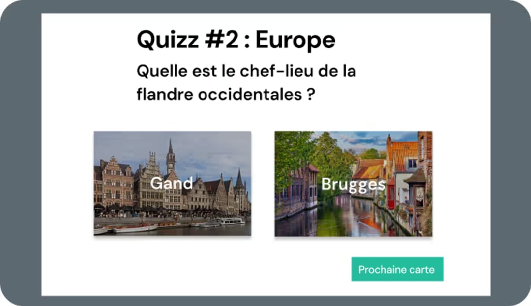 A quiz about Belgian cities built during a bootcamp: one question, two photos to choose from and a button for the next card.