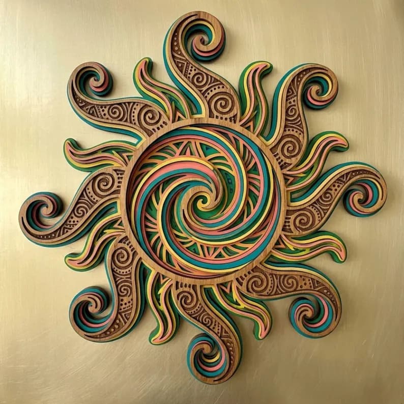 Wooden Colorful Swirly Sun 