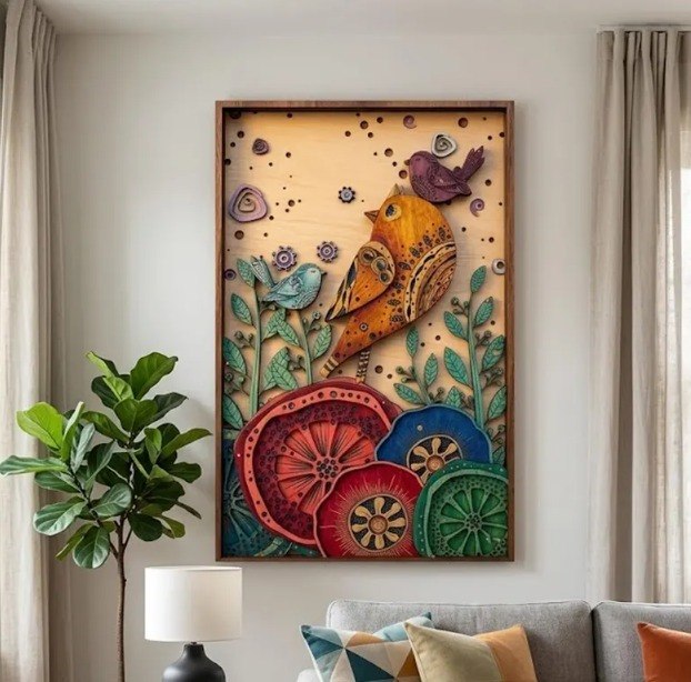 Colorful Birds Wooden Wall Art