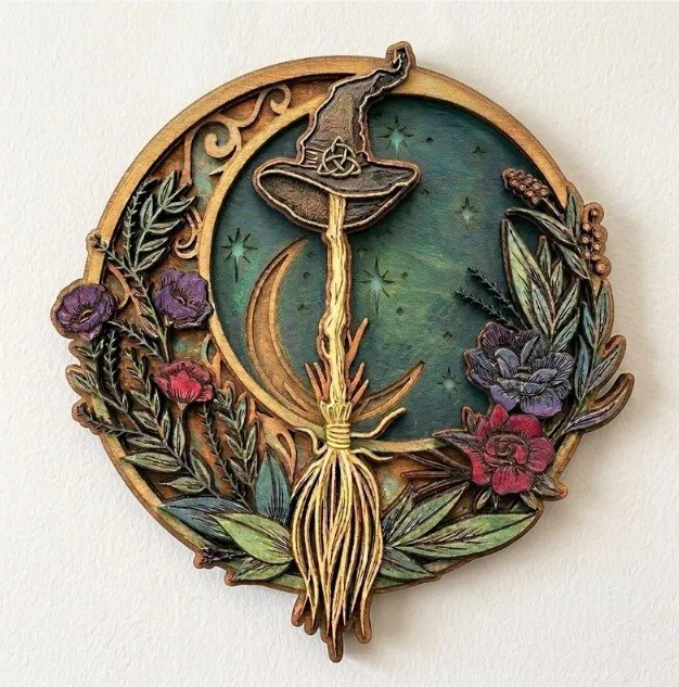 Celestial Moon Broom Wooden Sign