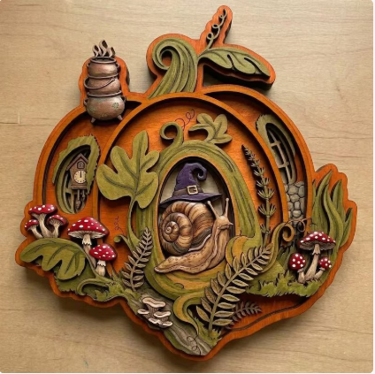 Witchy Snail Pumpkin House Wooden Wall Art