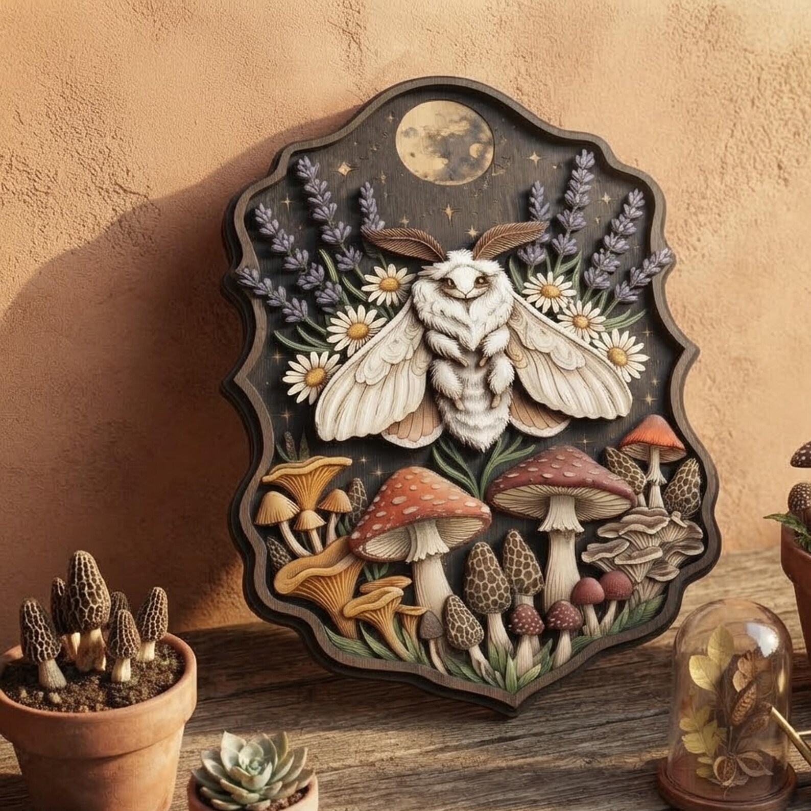 Luna Moth Moon Mushroom Wooden Wall Art
