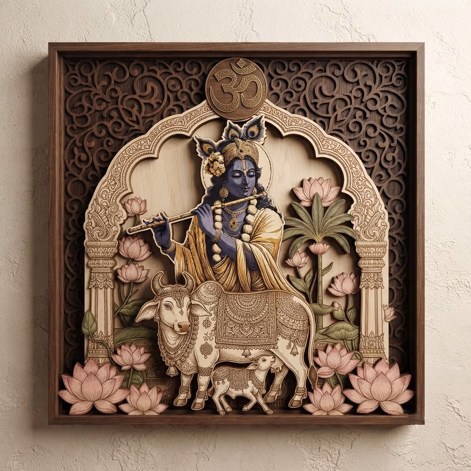 Lord Krishna and Cow Pichwai Wooden Wall Art