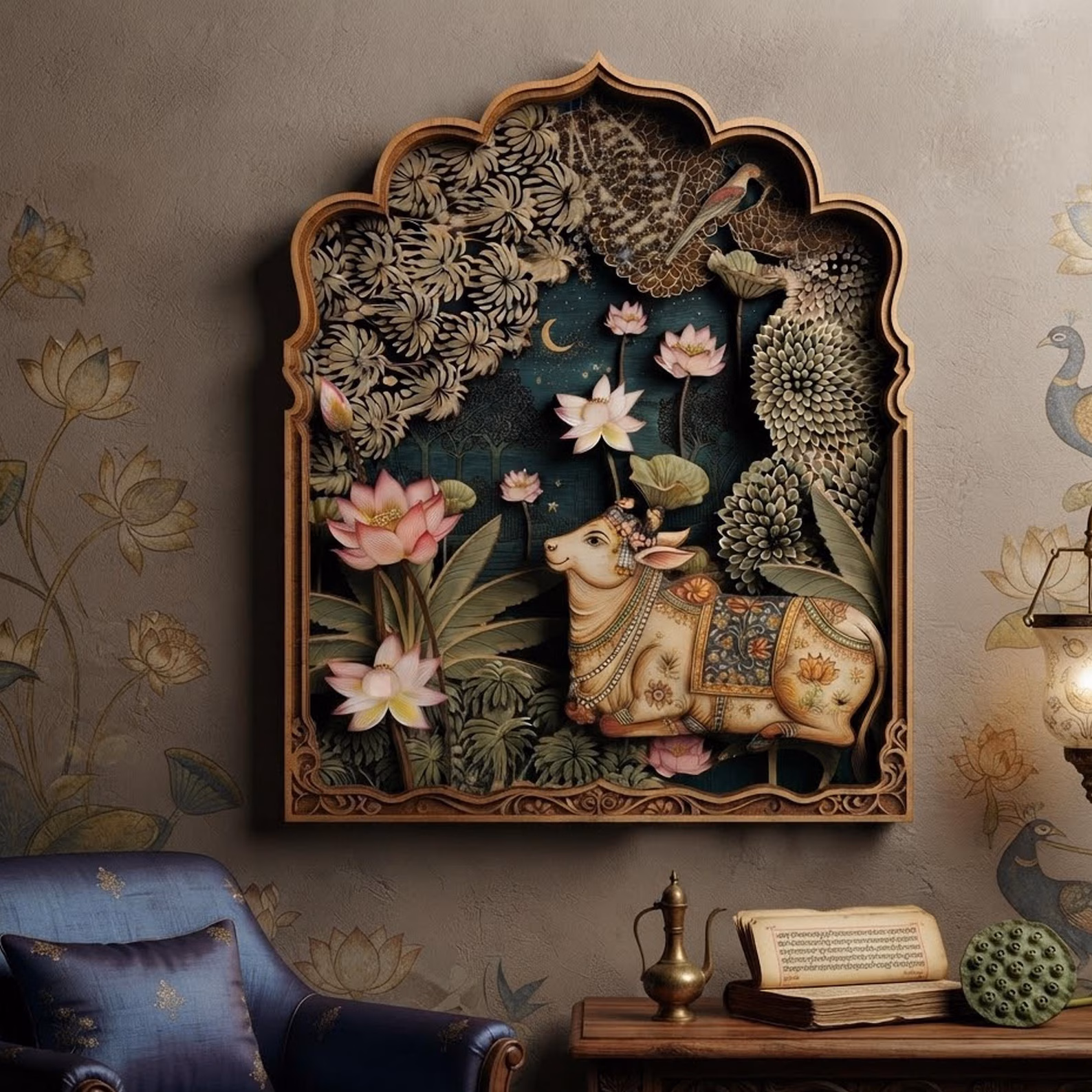 Pichwai Cow Lotus Wooden Wall Art