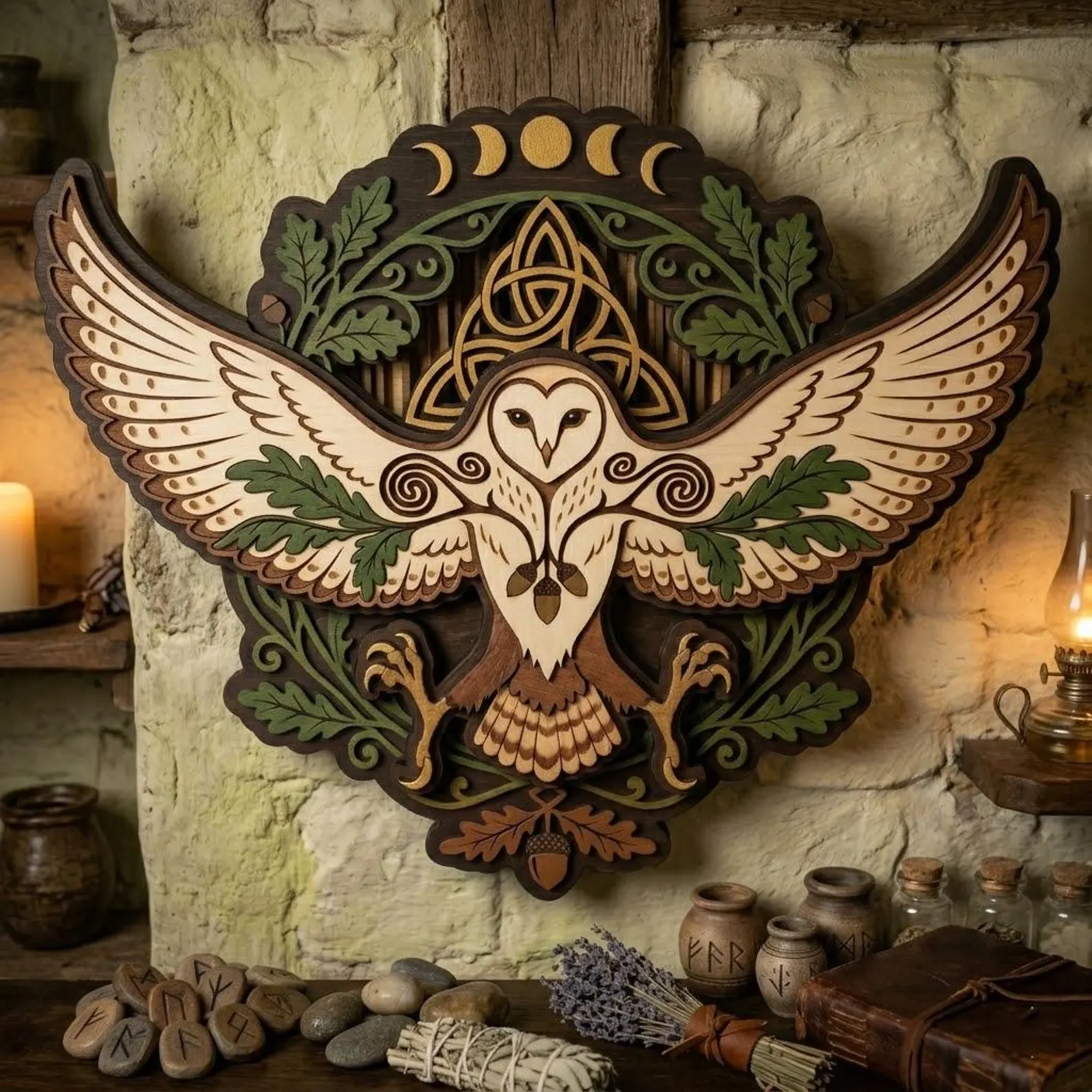 Celestial Owl Moon Phase Wooden Wall Art