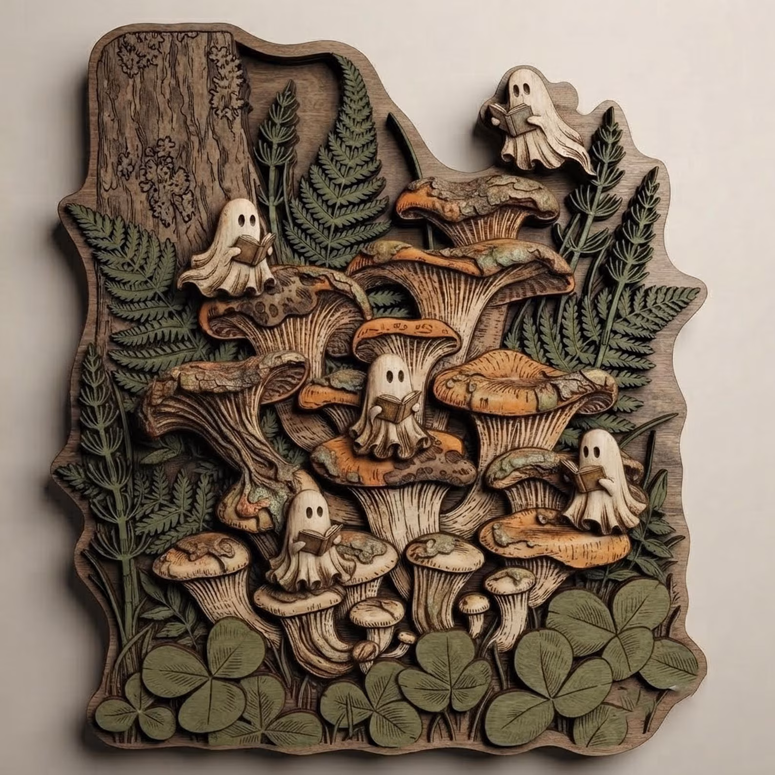 Ghost Boo Reading Book Mushroom Wooden Wall Art