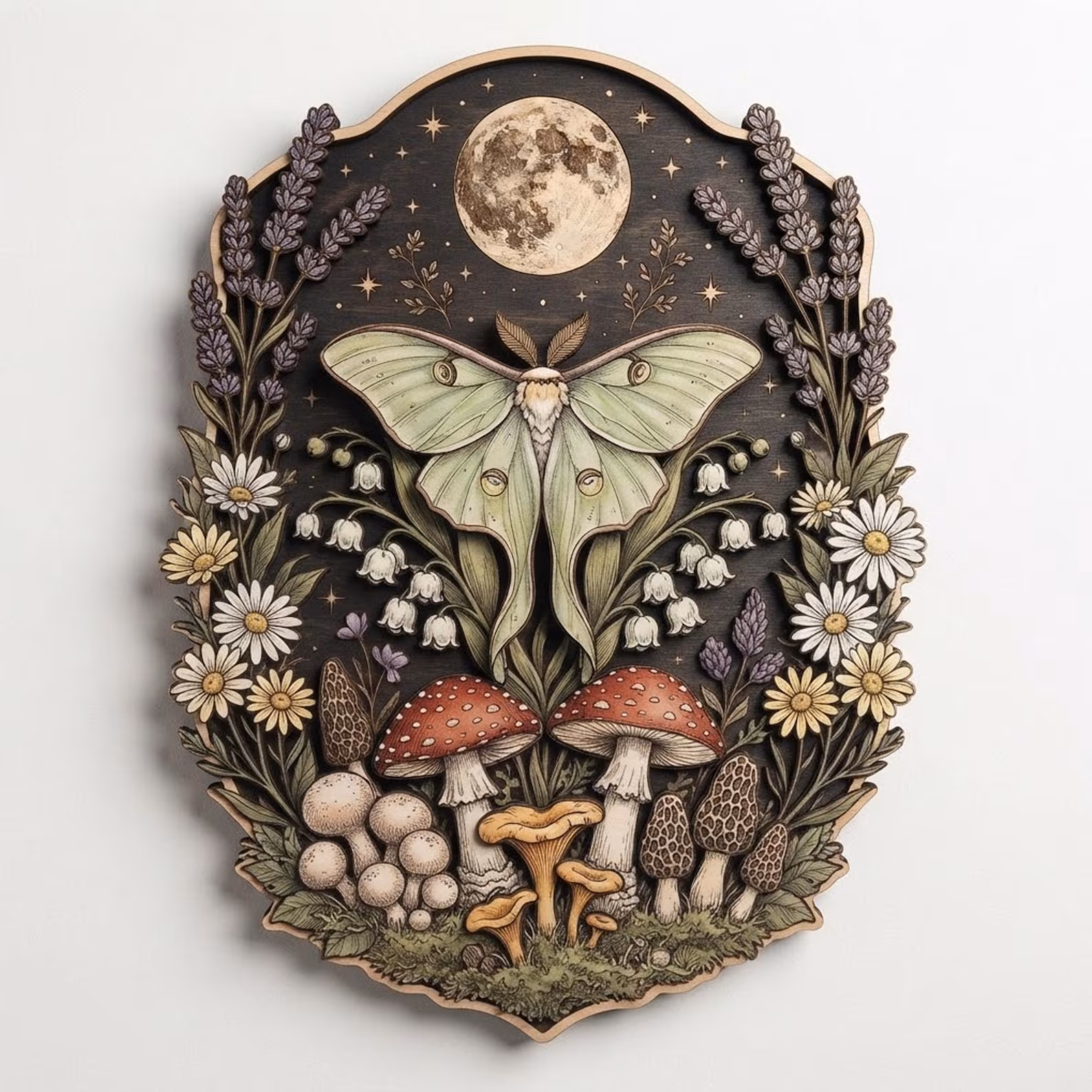 Celestial Luna Moth Mushroom Wooden Wall Art