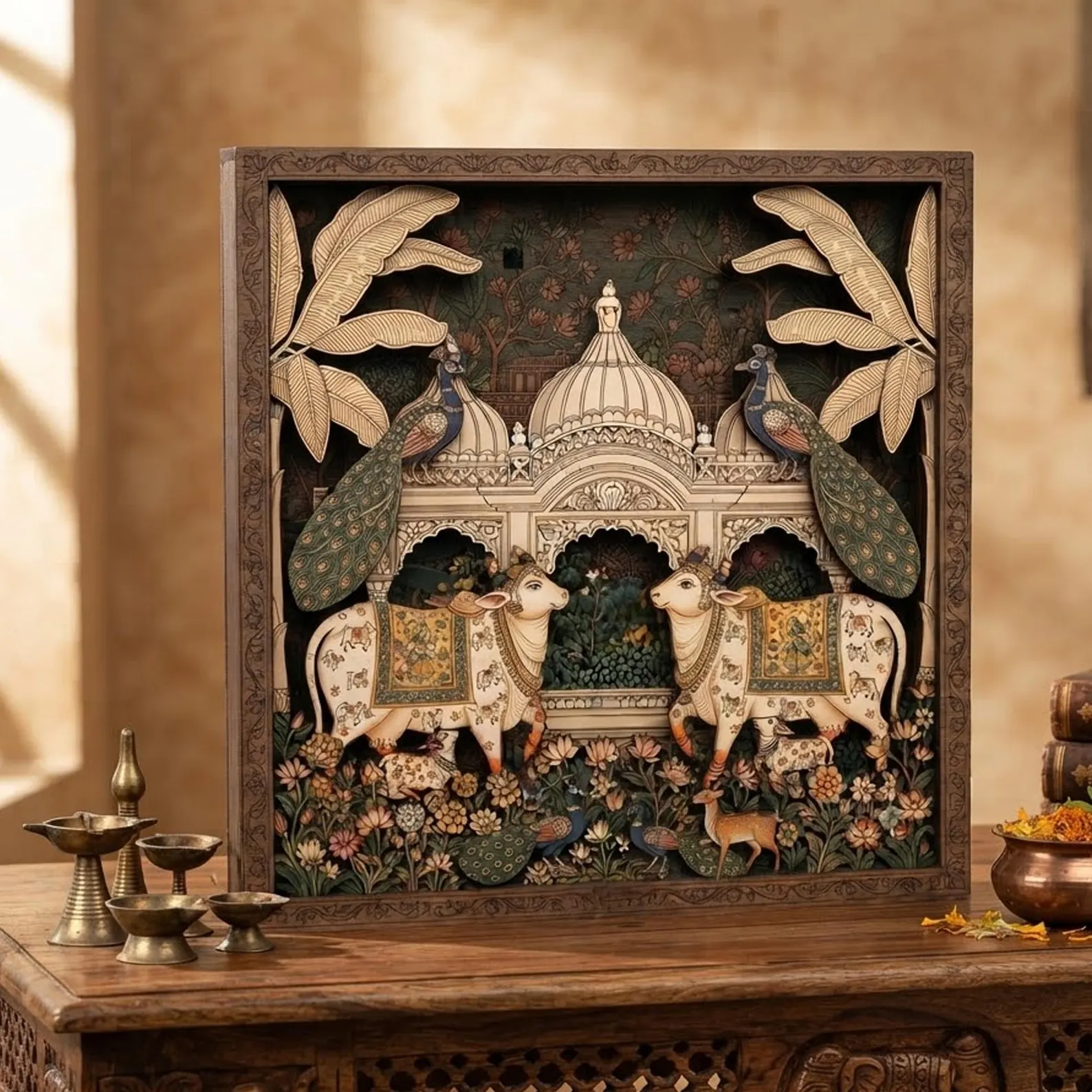 Peacock and Cows Kalamkari Wooden Wall Art