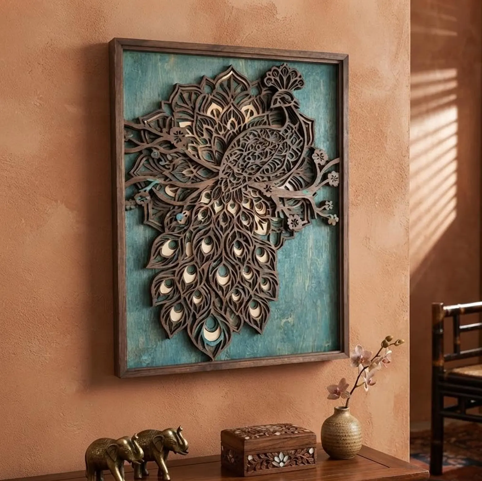 Turquoise Peacock Wooden Wall Art
