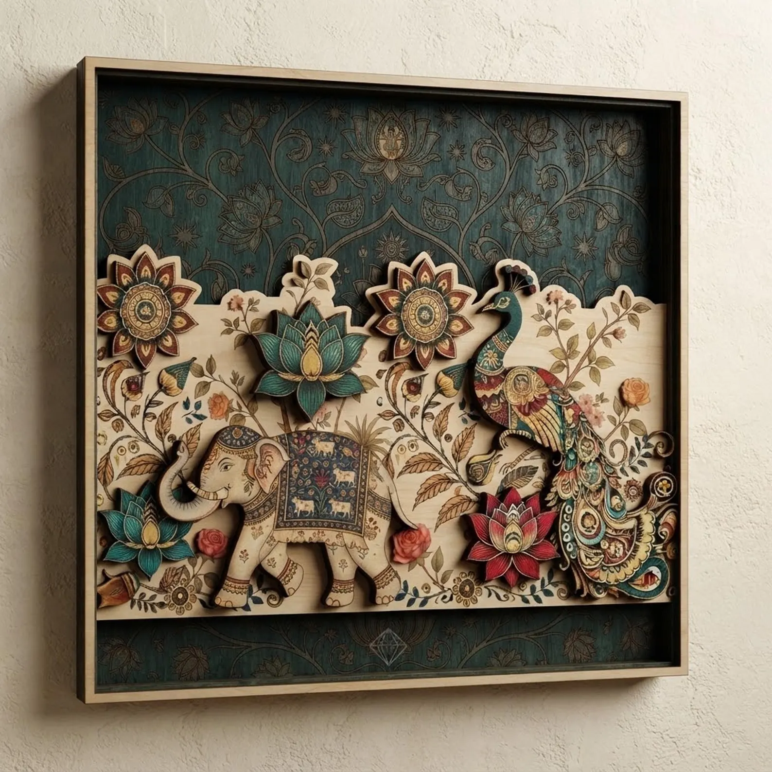 Kalamkari Elephant Peacock Wooden Wall Art