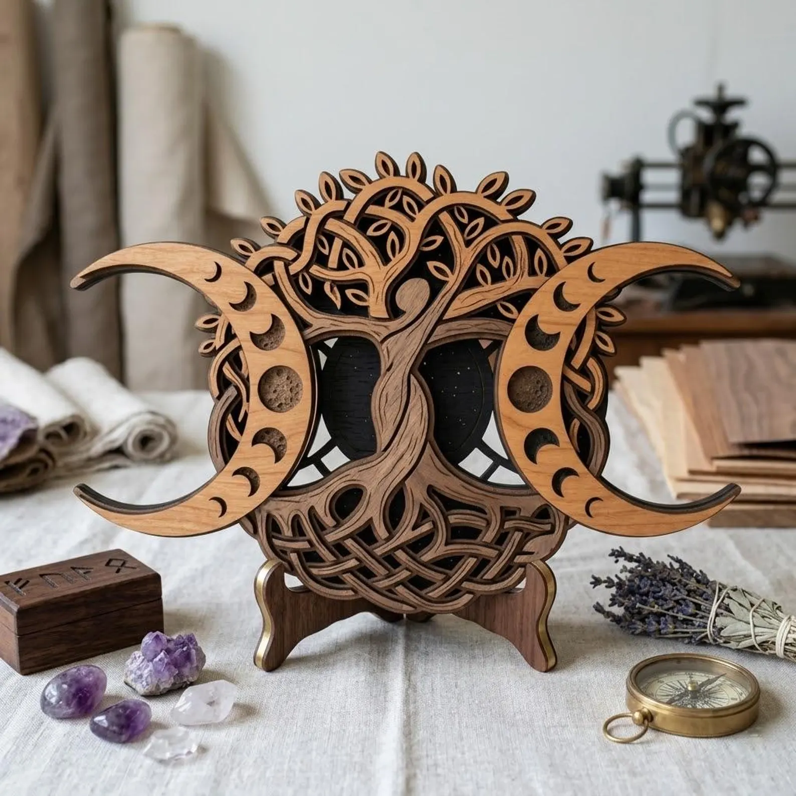 Triple Moon Tree of Life Wooden Wall Art