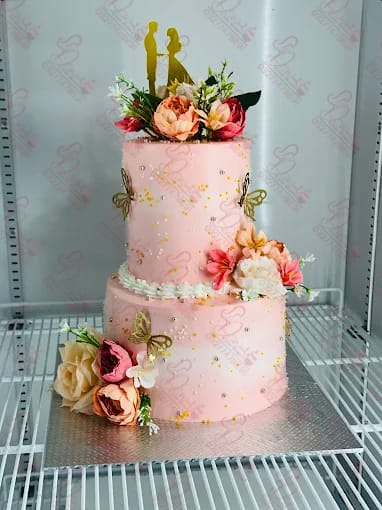 Pink Wedding Cake with Gold Butterflies Islamabad