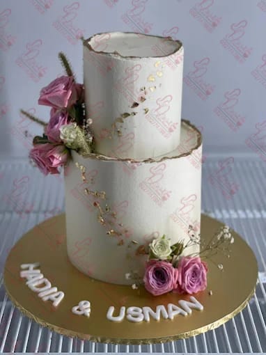 Two Tier White Gold Wedding Cake with Roses Islamabad