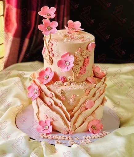 Two Tier Pink Sugar Flowers Happy Anniversary Cake Islamabad
