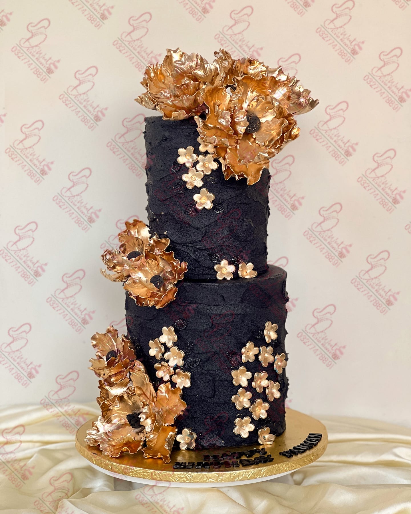 Two Tier Black Gold Happy Anniversary Cake Islamabad