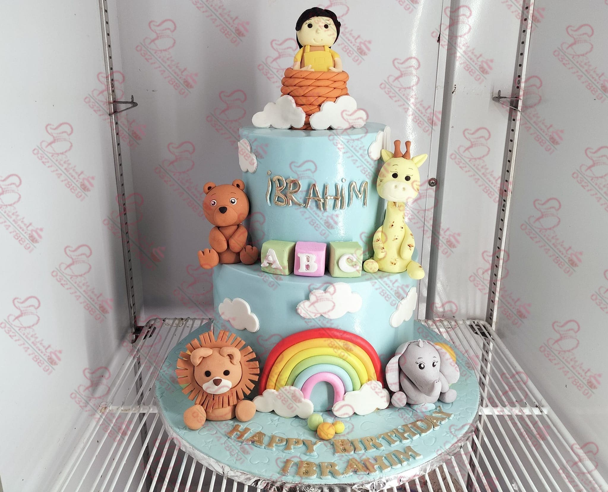 Two Tier Light Blue Jungle Baby Boy Cake Rawalpindi