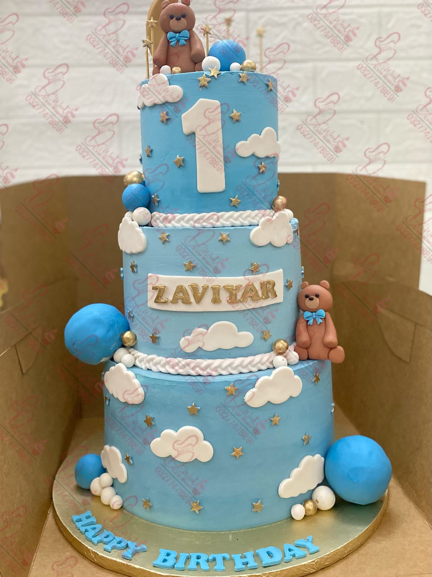 Three Tier Teddy Cloud Baby Boy Cake Rawalpindi
