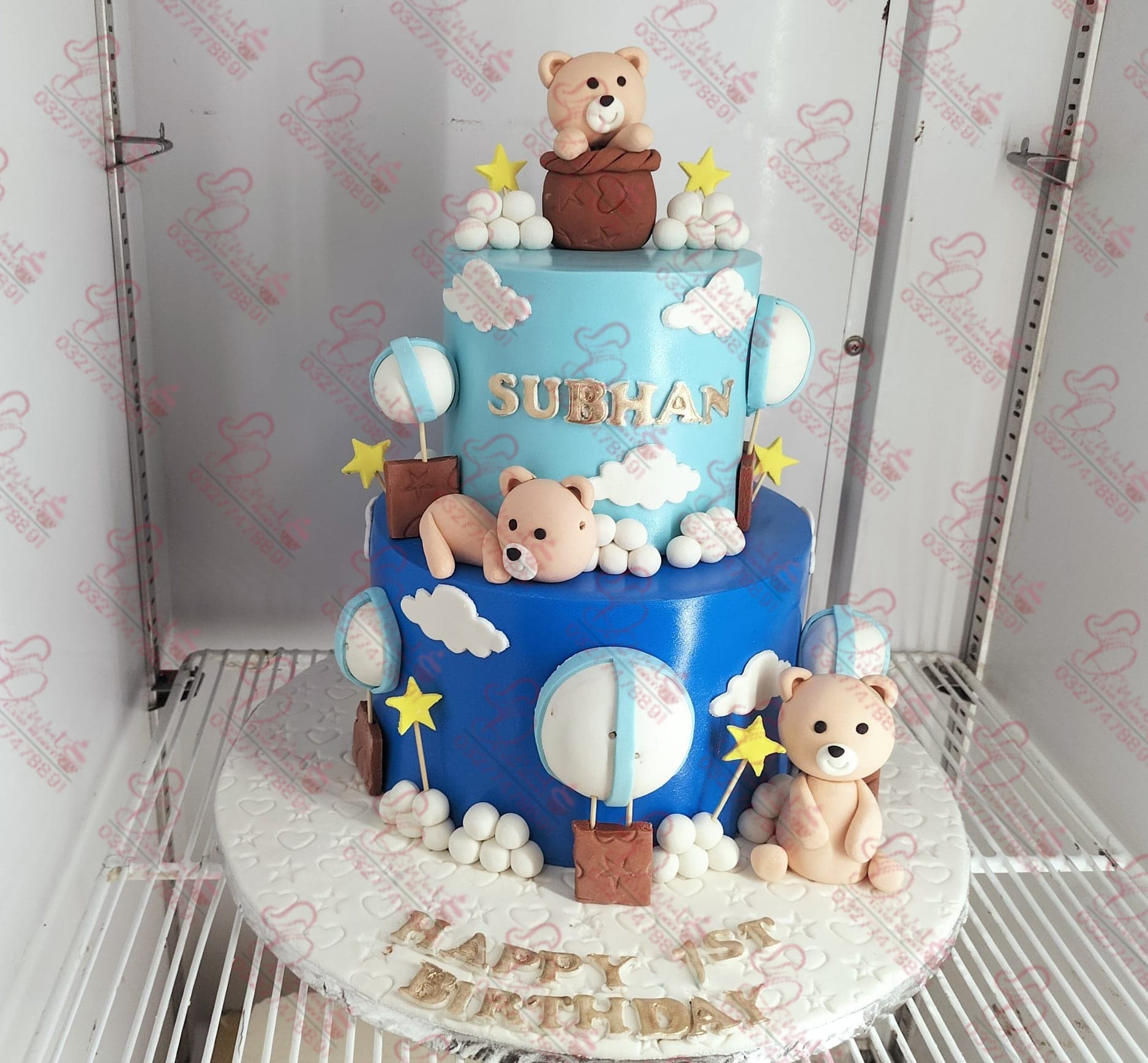 Two Tier Blue Teddy Bear Baby Girl Cake Faisalabad