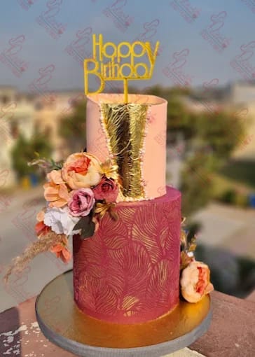 Two Tier Gold Accent Birthday Cake Faisalabad