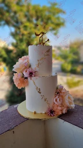 Gold Leaf Peach Flowers 2 Tier Wedding Cake Rawalpindi