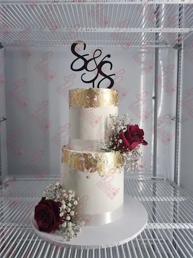 Two Tier Wedding Cake with Red Roses and Gold Leaf Rawalpindi