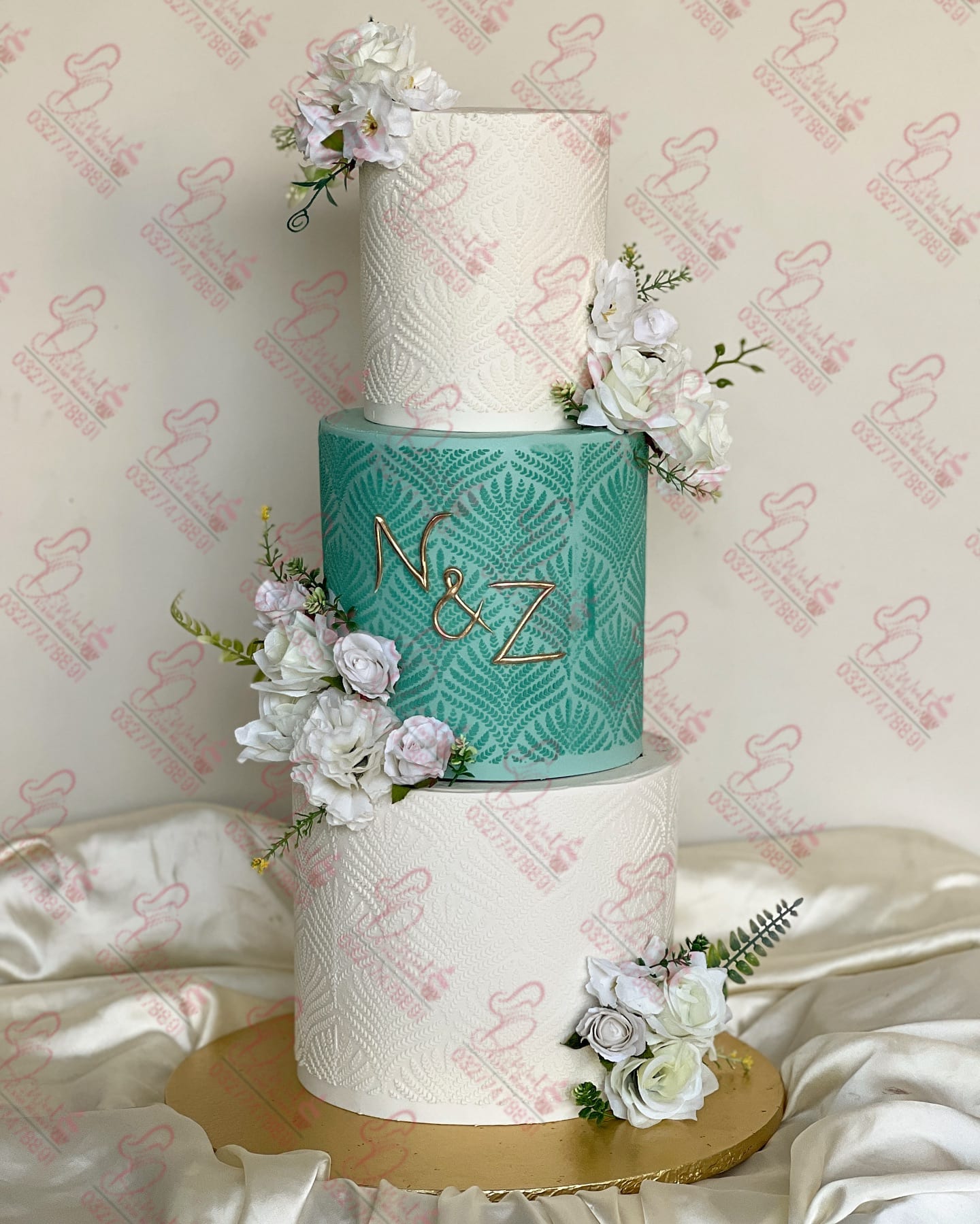 White Teal Stencil 3 Tier Birthday Cake Rawalpindi