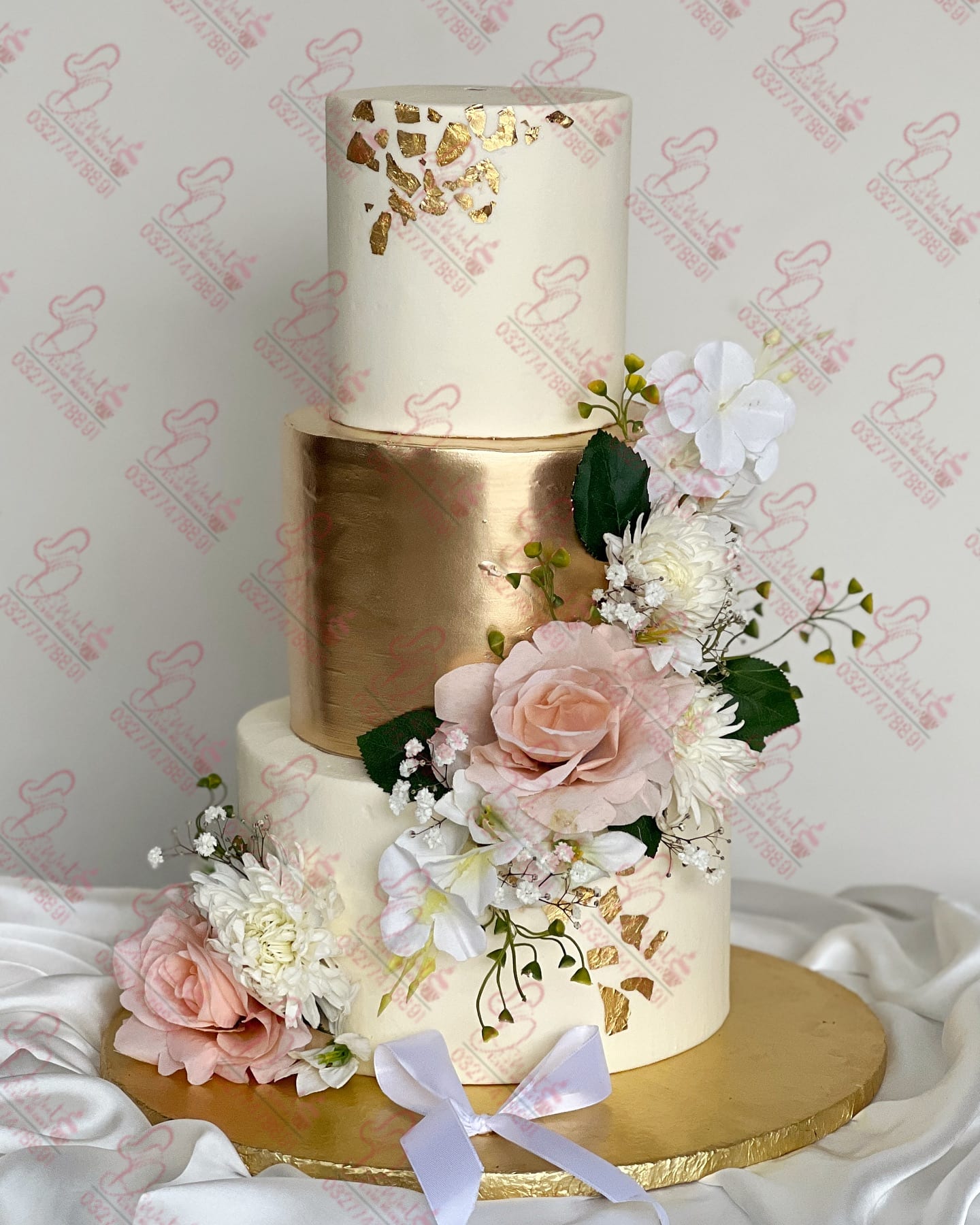 Three Tiered Gold Accent Wedding Cake Rawalpindi