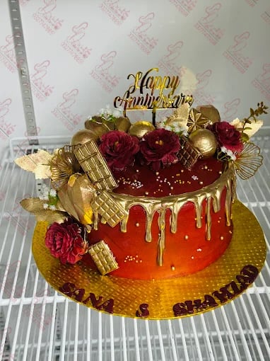 Anniversary Cake with Red Roses Gold Drip Islamabad