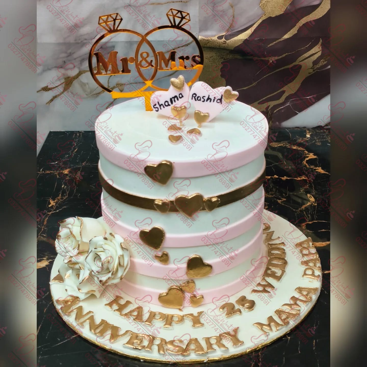 White Pink Gold Anniversary Cake Islamabad
