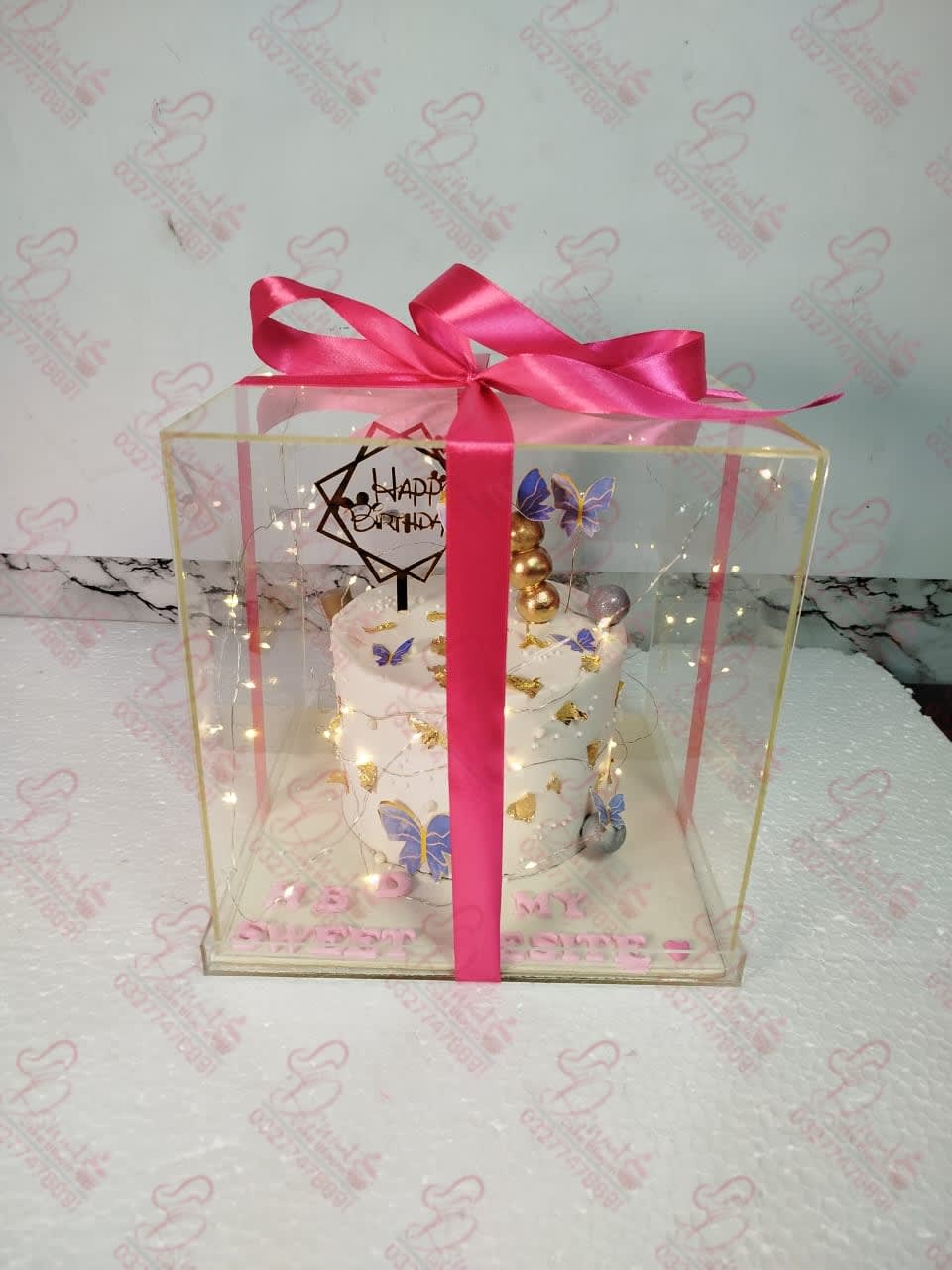 Pink Gold Drip Acrylic Box Cake Rawalpindi