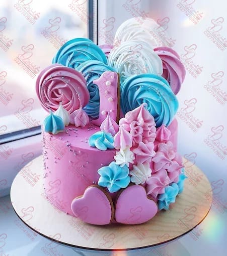 Pink Blue Meringue First Birthday Customized Baby Boy Cake Rawalpindi