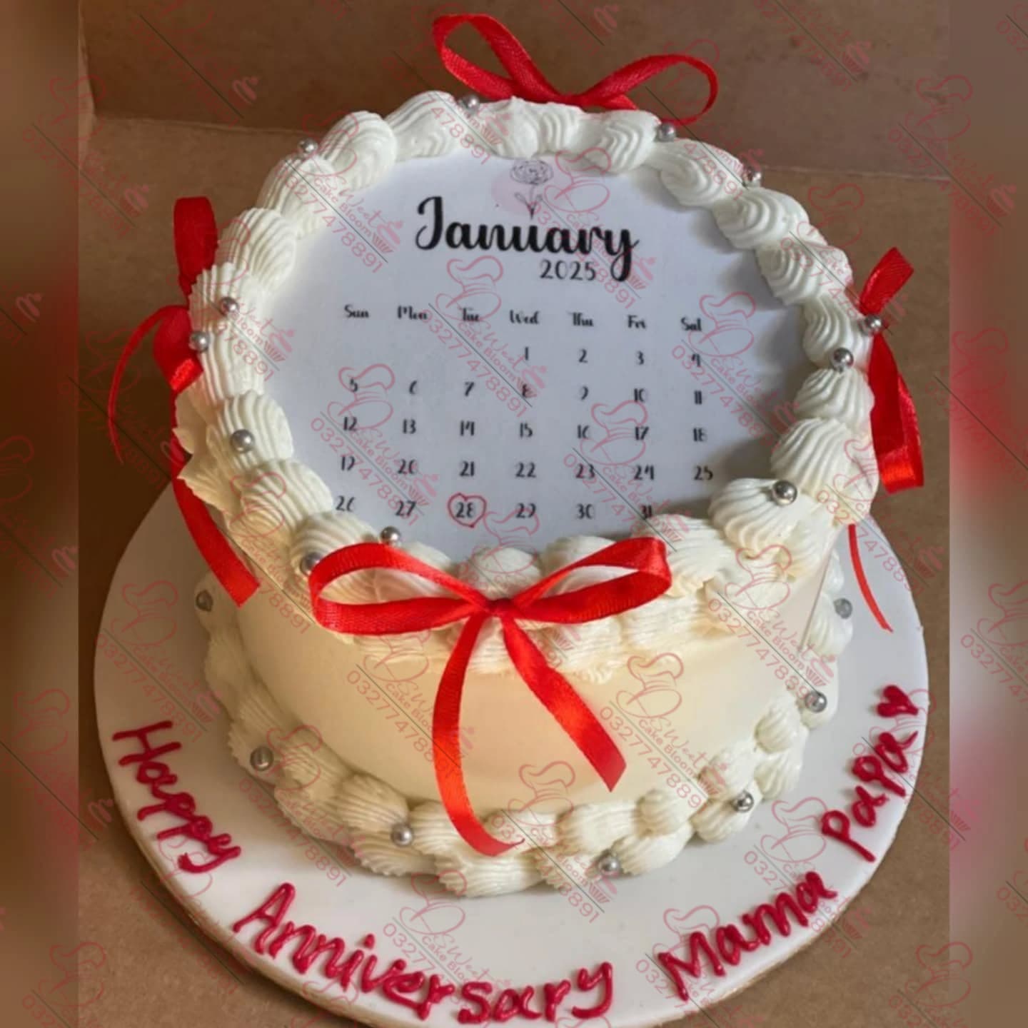 Custom Fire Calendar Cake with Red Ribbon Rawalpindi