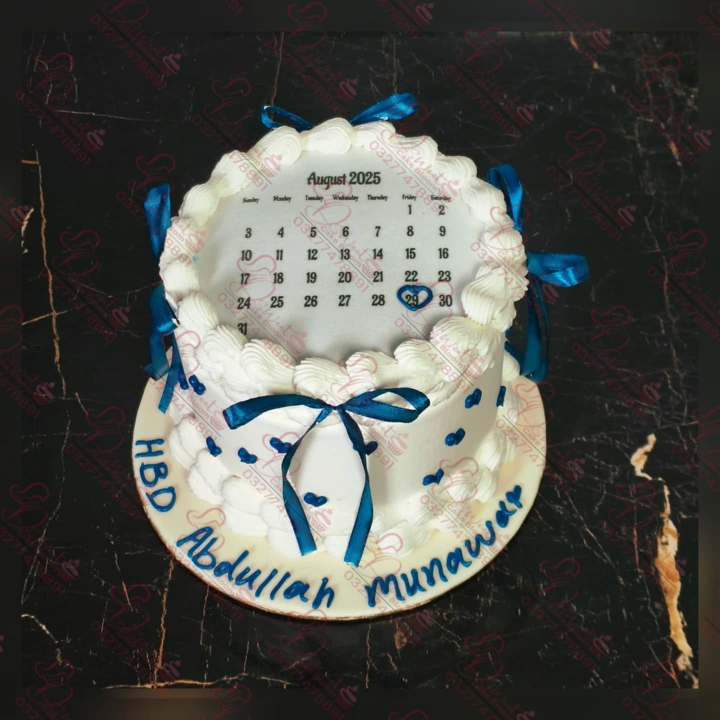 Custom Fire Calendar Cake with Blue Ribbon Rawalpindi